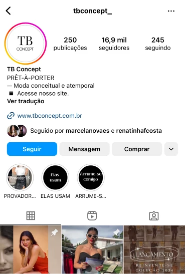 Perfil da marca TB Concept no Instagram