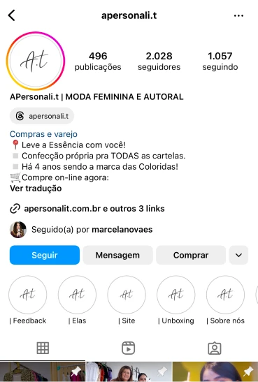Perfil de marca de aluna no Instagram